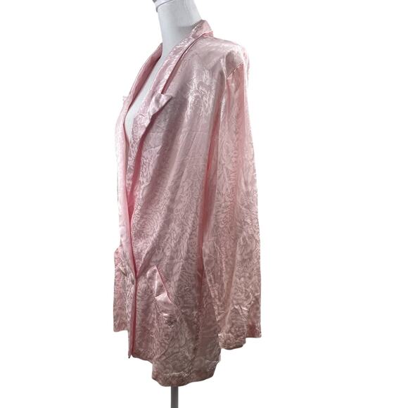VTG 80s Pink Satin Brocade Long Blazer L Coquette Pretty in Pink Shoulder Pads - Picture 3 of 8